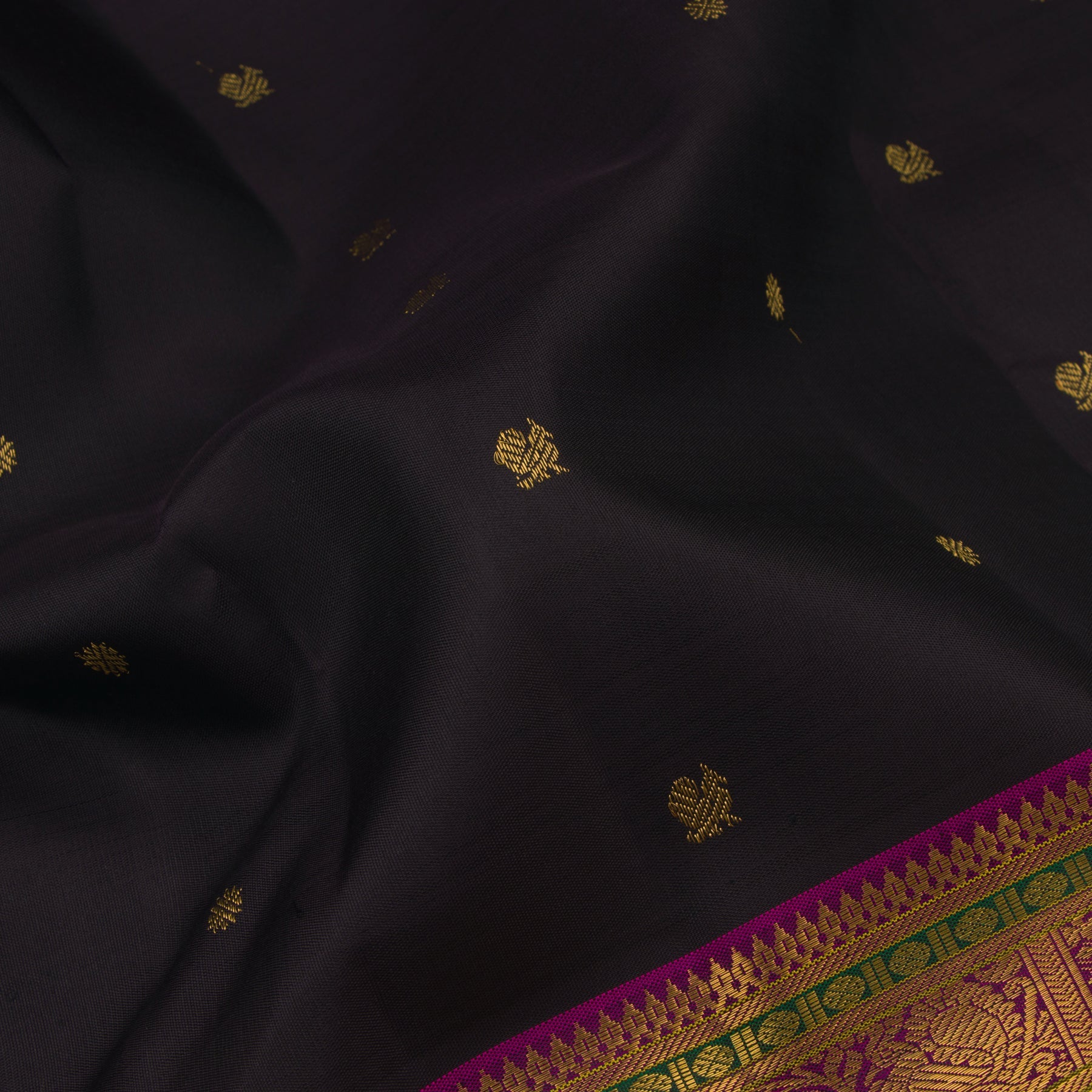 Handloom Black Kanjivaram Silk Saree With Booti And Temple Border –  WeaverStory